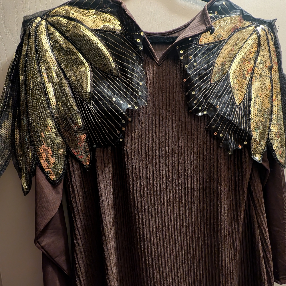 Brown Top with Gold Sequin Feather Detail